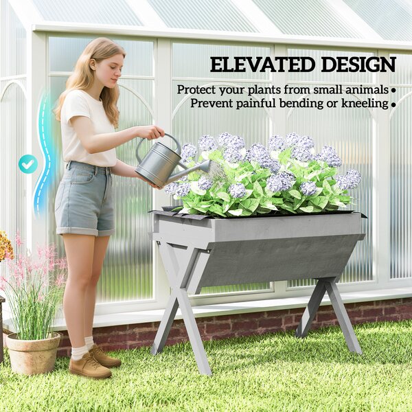 Outsunny Wooden Raised Garden Bed with Bed Liner, Elevated Garden Boxes with Legs, Light Grey Aosom UK