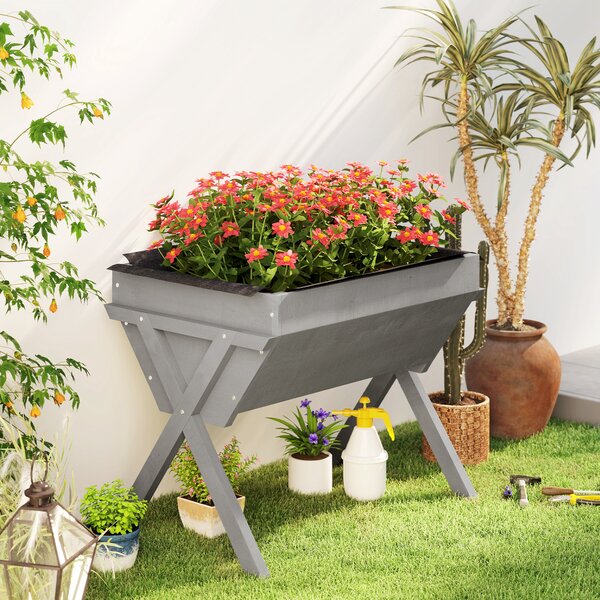 Outsunny Wooden Raised Garden Bed with Bed Liner, Elevated Garden Boxes with Legs, Light Grey Aosom UK