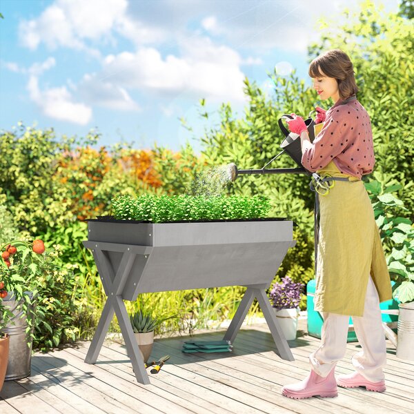 Outsunny Wooden Raised Garden Bed with Bed Liner, Elevated Garden Boxes with Legs, Light Grey Aosom UK