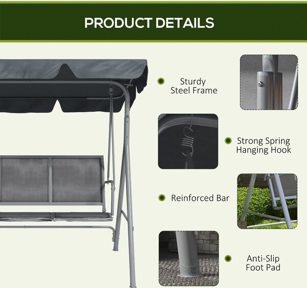 Outsunny 3 Seater Swing Chair, Garden Swing Bench with Adjustable Tilting Canopy, Breathable Mesh Seat and Heavy Duty Metal Frame for Patio, Garden, Dark Grey