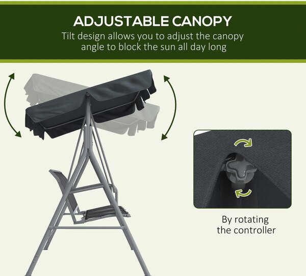 Outsunny 3 Seater Swing Chair, Garden Swing Bench with Adjustable Tilting Canopy, Breathable Mesh Seat and Heavy Duty Metal Frame for Patio, Garden, Dark Grey