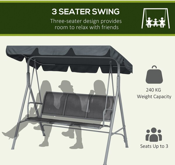 Outsunny 3 Seater Swing Chair, Garden Swing Bench with Adjustable Tilting Canopy, Breathable Mesh Seat and Heavy Duty Metal Frame for Patio, Garden, Dark Grey