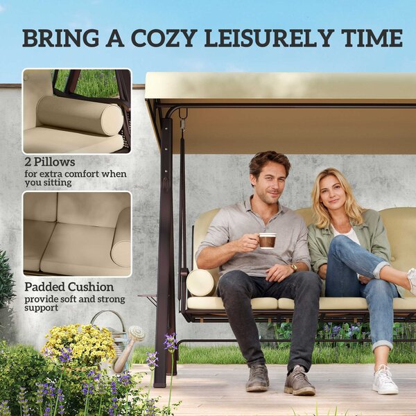 Outsunny 3-Seater Garden Swing Chair with Adjustable Sunshade Canopy, Comfortable Weatherproof Outdoor Patio Seating, Brown Aosom UK