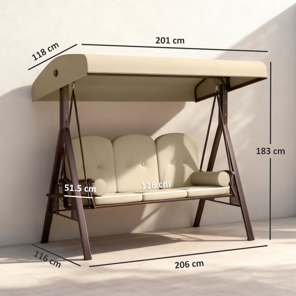 Outsunny 3-Seater Garden Swing Chair with Adjustable Sunshade Canopy, Comfortable Weatherproof Outdoor Patio Seating, Brown Aosom UK