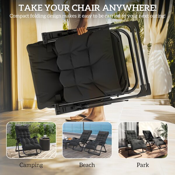 Outsunny 2 Piece Reclining Zero Gravity Sun Loungers with Cushions, Black