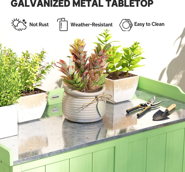 Outsunny Wood Garden Storage Cabinet, Outdoor Tool Shed, Potting Bench Table with galvanised Top and Two Shelves for garden Tools or Pool Accessories, Green