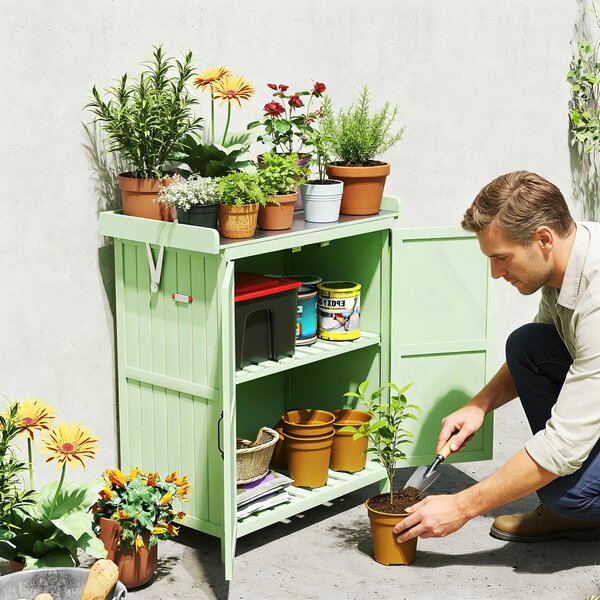Outsunny Wooden Garden Shed, Garden Tool Storage Shed with Hinged Roof and Shelf, Outdoor Storage Cabinet with Double Doors, Light Green