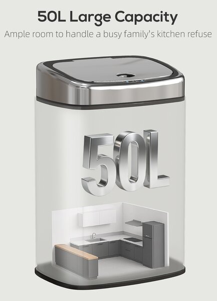 HOMCOM 50L Stainless Steel Sensor Bin - Silver Tone