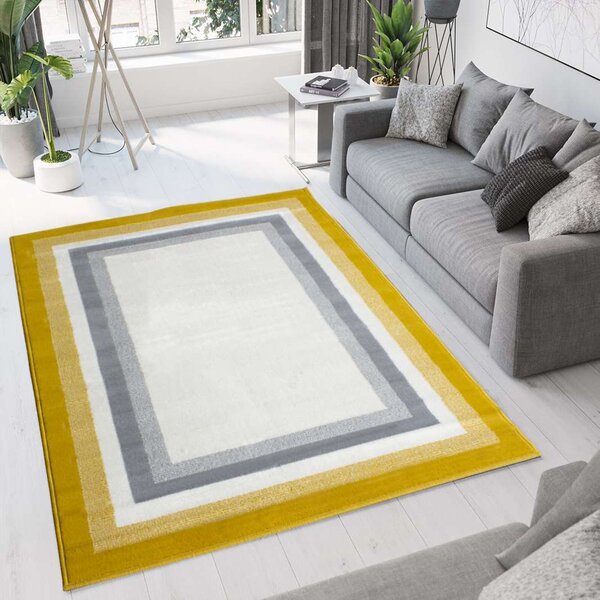 Yellow Grey Bordered Geometric Living Room Rugs | Milan
