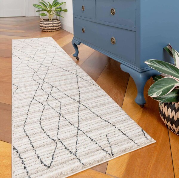 Cosy Soft Abstract Lined Beige Moroccan Berber Bedroom Rug | Medini