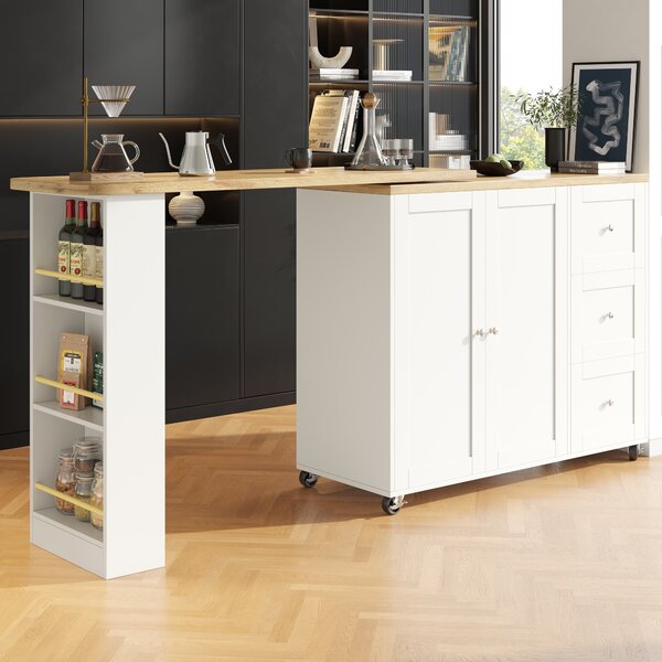 Dining Table with Castors, 3 Drawers, Snack Rack, Multifunctional Storage Island for Kitchen, Living Room, 209L x 39W x 104H cm, White Aosom UK