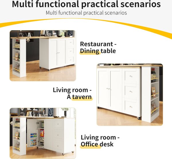 Dining Table with Castors, 3 Drawers, Snack Rack, Multifunctional Storage Island for Kitchen, Living Room, 209L x 39W x 104H cm, White Aosom UK