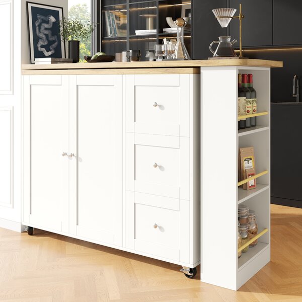 Dining Table with Castors, 3 Drawers, Snack Rack, Multifunctional Storage Island for Kitchen, Living Room, 209L x 39W x 104H cm, White Aosom UK