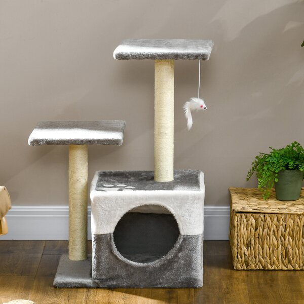 PawHut Deluxe Cat Climber: Sisal Scratching Posts, Cosy Condo, Elevated Perches & Playful Mouse, Sleek Grey Aosom UK
