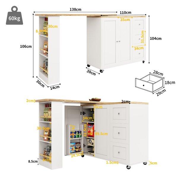 Dining Table with Castors, 3 Drawers, Snack Rack, Multifunctional Storage Island for Kitchen, Living Room, 209L x 39W x 104H cm, White Aosom UK