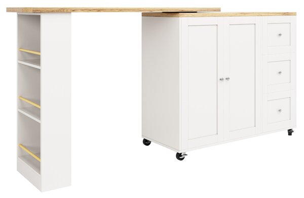 Dining Table with Castors, 3 Drawers, Snack Rack, Multifunctional Storage Island for Kitchen, Living Room, 209L x 39W x 104H cm, White Aosom UK