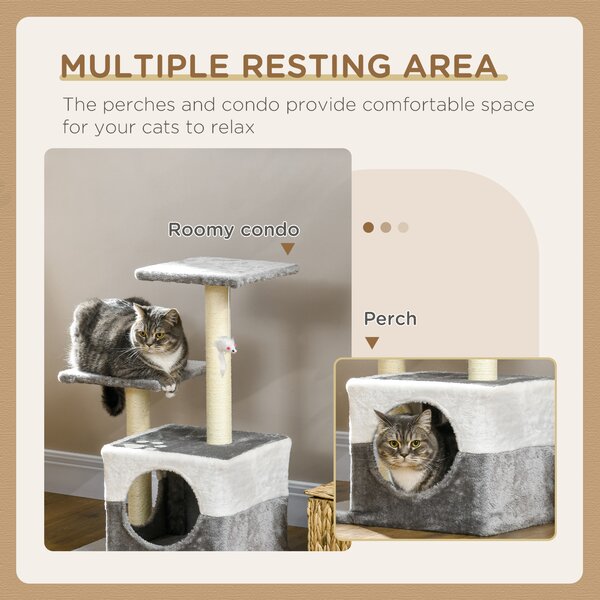 PawHut Deluxe Cat Climber: Sisal Scratching Posts, Cosy Condo, Elevated Perches & Playful Mouse, Sleek Grey Aosom UK