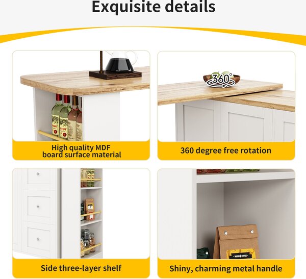 Dining Table with Castors, 3 Drawers, Snack Rack, Multifunctional Storage Island for Kitchen, Living Room, 209L x 39W x 104H cm, White Aosom UK