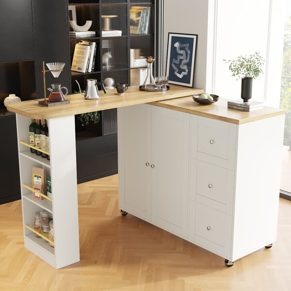 Dining Table with Castors, 3 Drawers, Snack Rack, Multifunctional Storage Island for Kitchen, Living Room, 209L x 39W x 104H cm, White Aosom UK