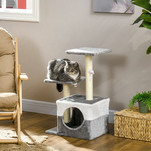PawHut Deluxe Cat Climber: Sisal Scratching Posts, Cosy Condo, Elevated Perches & Playful Mouse, Sleek Grey Aosom UK