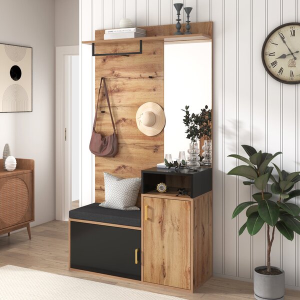 Elegant Hallway Wardrobe with Mirror, Shoe Cabinet, Coat Hooks, Bench Seat, Ideal for Entryway, 105L x 40W x 191H cm, Black & Natural Aosom UK