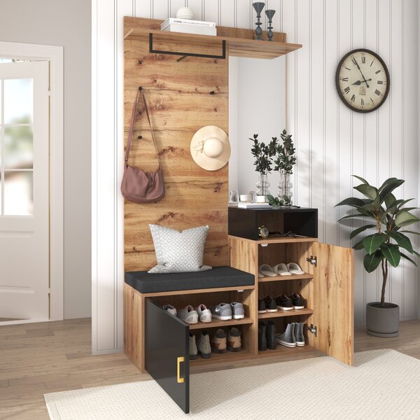Elegant Hallway Wardrobe with Mirror, Shoe Cabinet, Coat Hooks, Bench Seat, Ideal for Entryway, 105L x 40W x 191H cm, Black & Natural Aosom UK