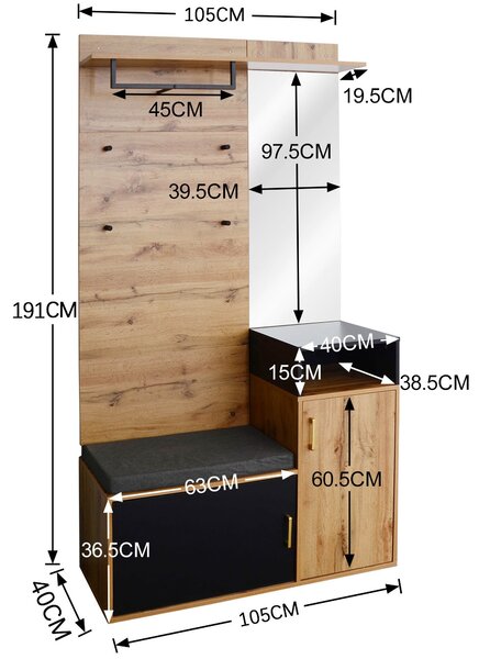 Elegant Hallway Wardrobe with Mirror, Shoe Cabinet, Coat Hooks, Bench Seat, Ideal for Entryway, 105L x 40W x 191H cm, Black & Natural Aosom UK