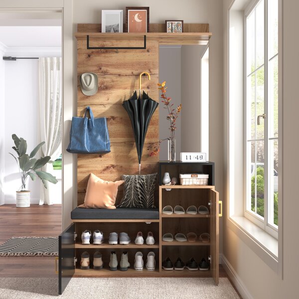 Elegant Hallway Wardrobe with Mirror, Shoe Cabinet, Coat Hooks, Bench Seat, Ideal for Entryway, 105L x 40W x 191H cm, Black & Natural Aosom UK