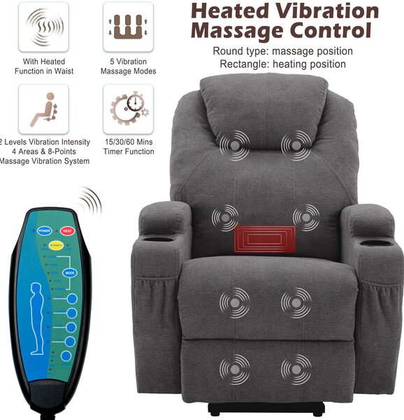 Remote Control Power Lift Electric Recliner Chair with Massage and Heating Points, Electric Lounger Chair for Elderly, 81x73x105 cm, Grey Aosom.UK