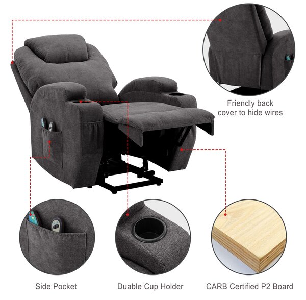 Remote Control Power Lift Electric Recliner Chair with Massage and Heating Points, Electric Lounger Chair for Elderly, 81x73x105 cm, Grey Aosom.UK