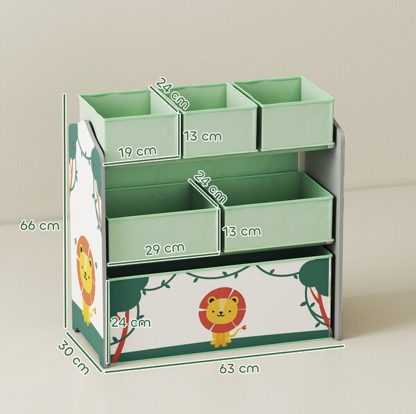 AIYAPLAY Kids Toy Storage Units, 3-Tier Toy Organiser Shelf with 6 Removable Boxes for Kids, Bedroom, Playroom, Green