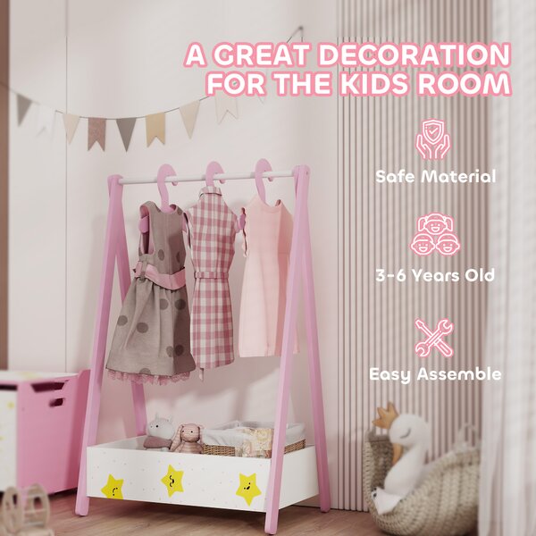 AIYAPLAY Baby Clothing Rack with Hangers, Storage Shelf for Bedroom, Star Theme, for Ages 3-6, Pink