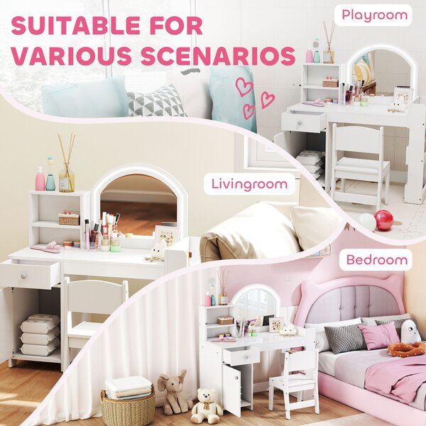 AIYAPLAY Kids Vanity Table and Chair Set, Girls Dressing Table with 2-Colour LED Mirror, Stool, Cabinet, Drawer, Shelves, White