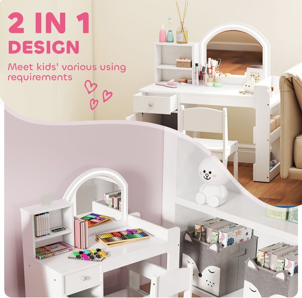 AIYAPLAY Kids Vanity Table and Chair Set, Girls Dressing Table with 2-Colour LED Mirror, Stool, Cabinet, Drawer, Shelves, White