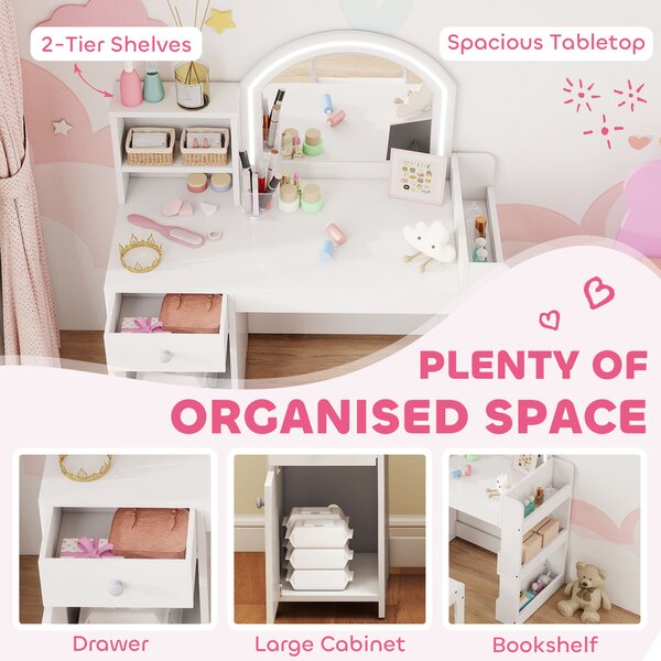 AIYAPLAY Kids Vanity Table and Chair Set, Girls Dressing Table with 2-Colour LED Mirror, Stool, Cabinet, Drawer, Shelves, White