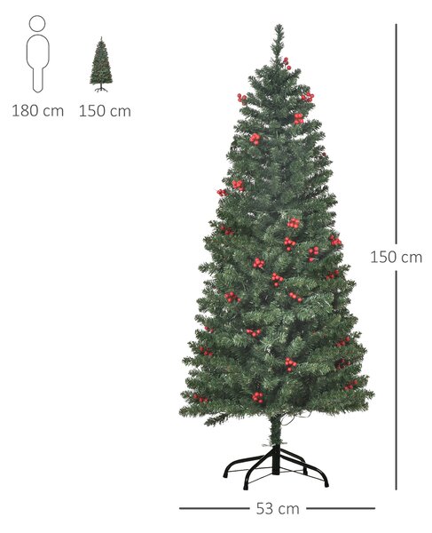 HOMCOM 5FT Prelit Artificial Pencil Christmas Tree with Warm White LED Light, Red Berry, Holiday Home Xmas Decoration, Green Aosom UK