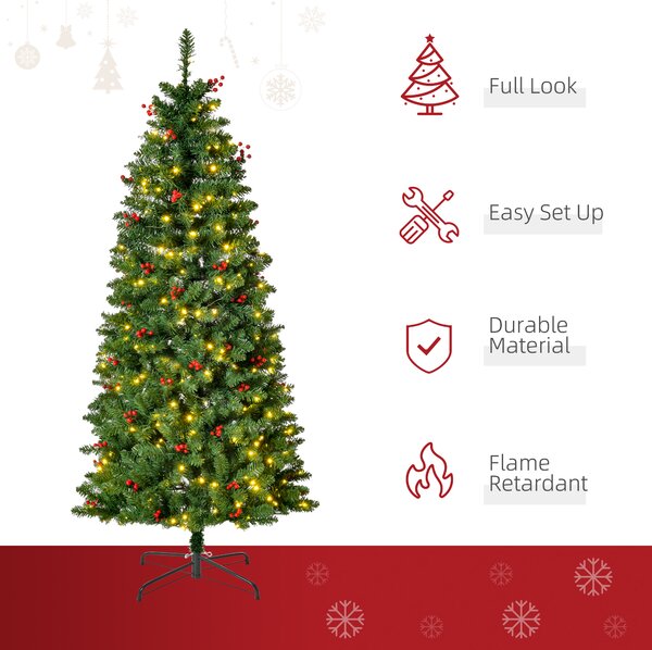 HOMCOM 5FT Prelit Artificial Pencil Christmas Tree with Warm White LED Light, Red Berry, Holiday Home Xmas Decoration, Green Aosom UK