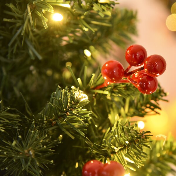 HOMCOM 5FT Prelit Artificial Pencil Christmas Tree with Warm White LED Light, Red Berry, Holiday Home Xmas Decoration, Green Aosom UK