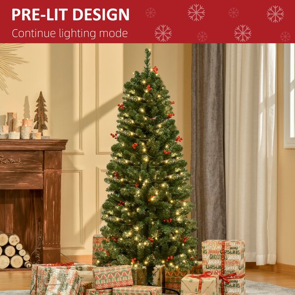 HOMCOM 5FT Prelit Artificial Pencil Christmas Tree with Warm White LED Light, Red Berry, Holiday Home Xmas Decoration, Green Aosom UK