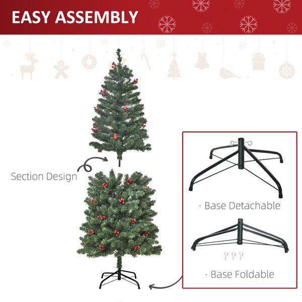 HOMCOM 5FT Prelit Artificial Pencil Christmas Tree with Warm White LED Light, Red Berry, Holiday Home Xmas Decoration, Green Aosom UK