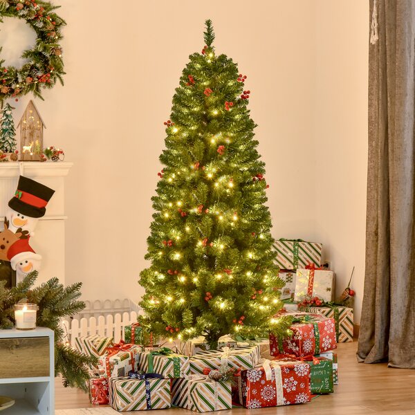 HOMCOM 5FT Prelit Artificial Pencil Christmas Tree with Warm White LED Light, Red Berry, Holiday Home Xmas Decoration, Green Aosom UK
