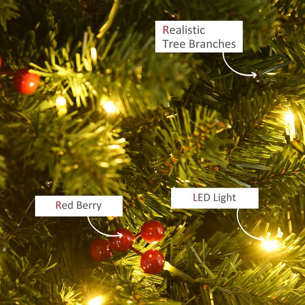 HOMCOM 5FT Prelit Artificial Pencil Christmas Tree with Warm White LED Light, Red Berry, Holiday Home Xmas Decoration, Green Aosom UK