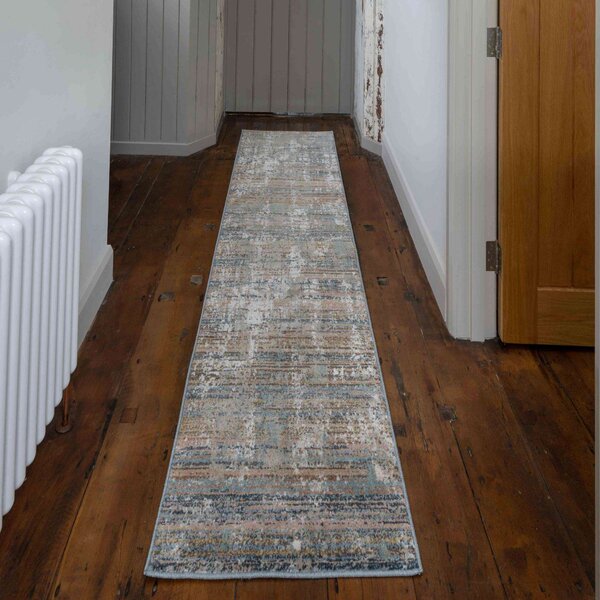Soft Modern Blue Distressed Scratched Effect Runner Rugs | Riviera