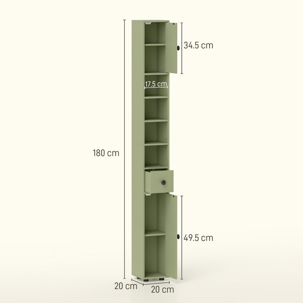 Kleankin 180cm Slim Bathroom Cabinet, with Drawer, Shelves and Cupboards - Green