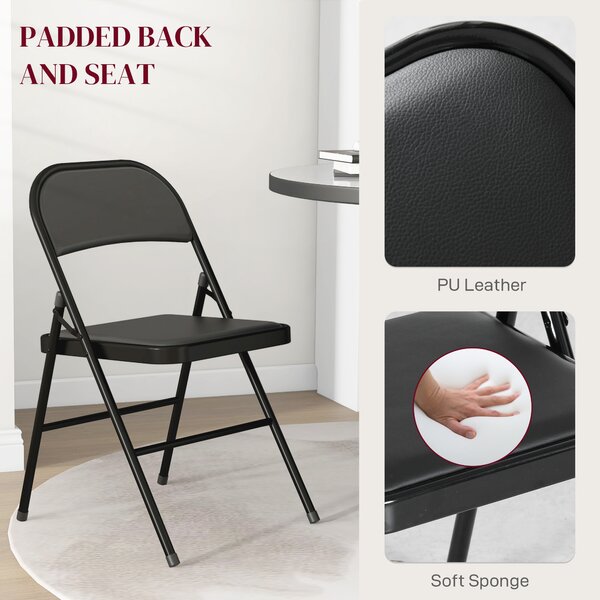 HOMCOM Padded Folding Chairs Set of 2 PU Leather Foldable Chairs with Cushioned Seat and Metal Frame for Home Office Dining, Black Aosom UK