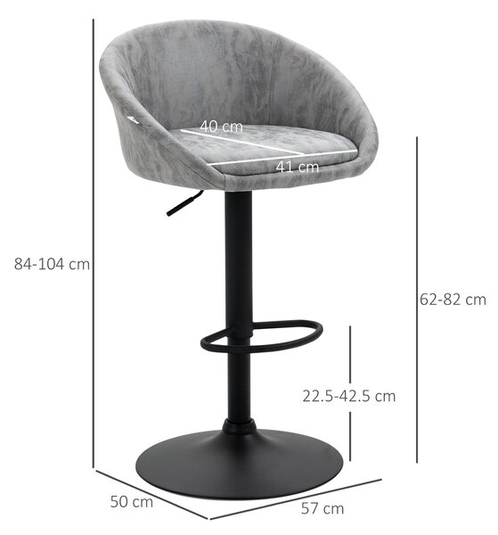 HOMCOM Modern Adjustable Bar Stools Set of 2, Swivel PU Leather Breakfast Barstools with Footrest Armrests Back, for Kitchen Counter Light Grey