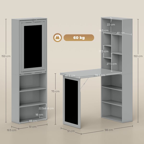 HOMCOM Fold-out Convertible Writing Desk Wall Mount Cabinet with Blackboard and Side Shelf Multi-Function Home Office Workstation, Grey Aosom UK
