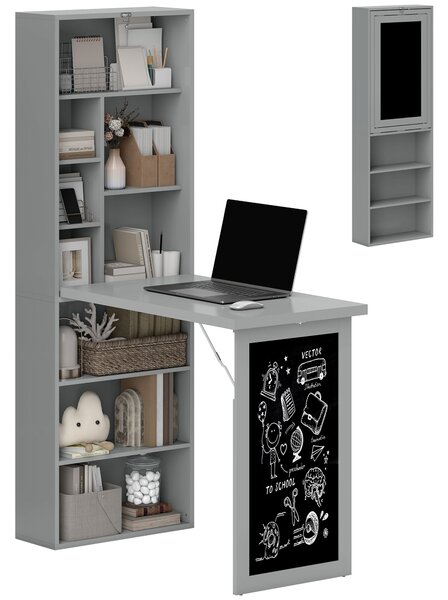 HOMCOM Fold-out Convertible Writing Desk Wall Mount Cabinet with Blackboard and Side Shelf Multi-Function Home Office Workstation, Grey Aosom UK