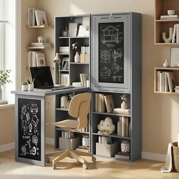 HOMCOM Fold-out Convertible Writing Desk Wall Mount Cabinet with Blackboard and Side Shelf Multi-Function Home Office Workstation, Grey Aosom UK
