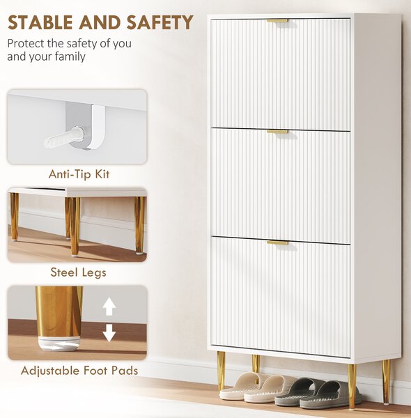 HOMCOM Narrow Shoe Cabinet with 3 Flip Drawers - White